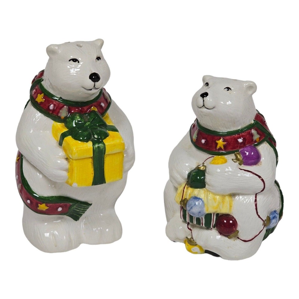 Vtg Ceramic Christmas Polar Bear 5" Salt & Pepper Shakers Festive Dining Room